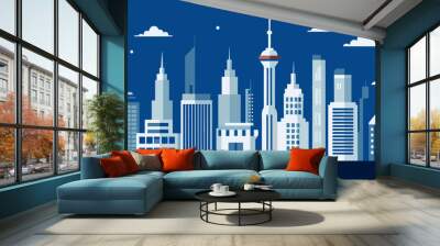 The panoramic cityscape illustration showcases the modern architecture of the urban skyline. Wall mural