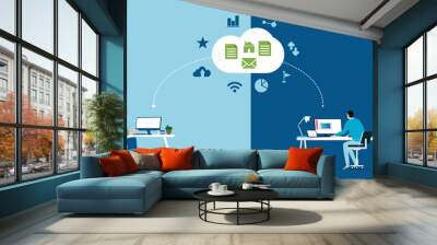 Connect working from home workplace concept and business smart online working anywhere concept flat vector Wall mural