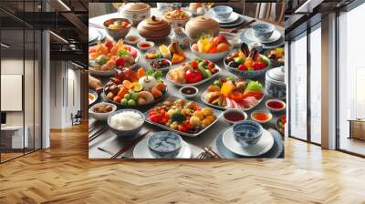 Assortment of chinese dishes on dining table at chinese reataurant Wall mural