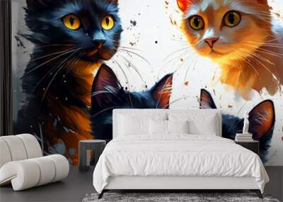 Cute curious kittens in a picturesque style Wall mural