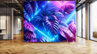 the interior, neon lights of the room, against the background of neon shapes and lines illuminated by neon of large plants. the entourage of the room. neon lighting for product promotion. neon backgro Wall mural