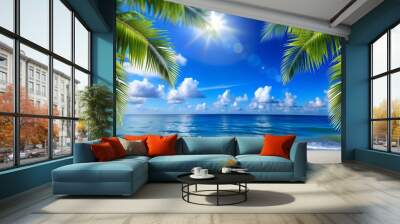 the view from the shore to the beautiful calm sea and gently snow-white clouds. landscape natural view of the beach Wall mural