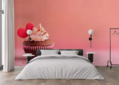 A cupcake with a heart-shaped decoration. Web banner with copy space. Generative AI Wall mural