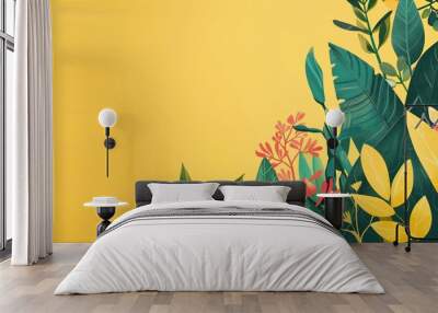 A digital illustration showcasing a variety of tropical foliage and flowers against warm yellow background. Wall mural