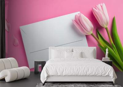 A white thank you card with pink tulips on a pink background Wall mural