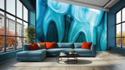 Abstract blue fluid art background with intricate swirls and waves creating a surreal, glossy texture Wall mural