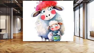 Adorable illustration of a mother sheep with curly fleece and her playful little lamb Wall mural