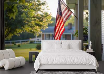 American flag on porch with scenic, sunlit view Wall mural