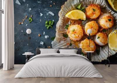 Battered scallops with lemon wedges and herbs on shell-shaped plate Wall mural