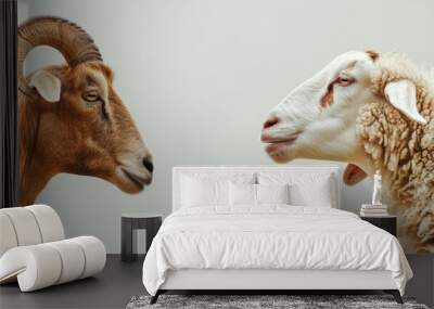 Brown goat and white sheep facing each other against neutral background Wall mural