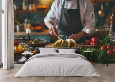 Chef garnishing tacos in a kitchen Wall mural