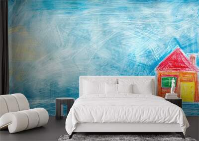 Child's crayon drawing of colorful house on blue background Wall mural