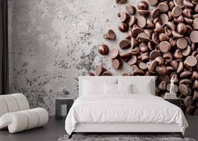 Chocolate chips scattered on textured gray surface Wall mural