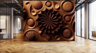 Close-up of delicious dark chocolates drops, cookie and dessert. Flat lay pattern on a brown background. Top view. Generative AI Wall mural