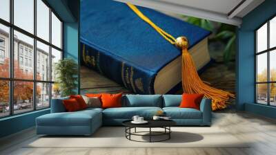 Closed blue book with yellow tassel on wooden surface Wall mural