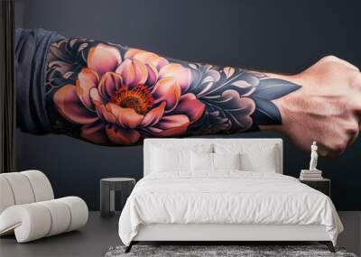 Colorful floral tattoo sleeve artfully displayed on a flexed arm Wall mural