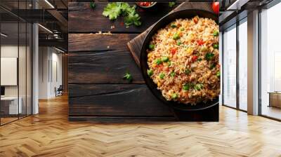 Colorful vegetable fried rice dish in black bowl on wooden table Wall mural