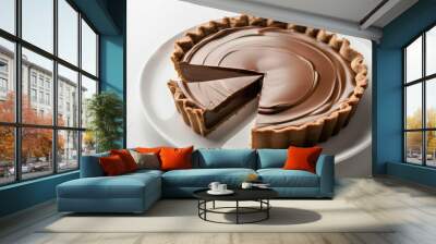 Decadent chocolate tart with smooth filling on white plate Wall mural