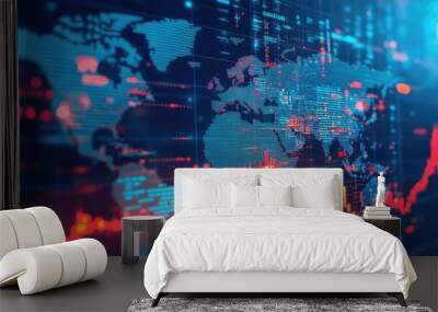 Digital world map with network data and graphs illuminated in blue red Wall mural