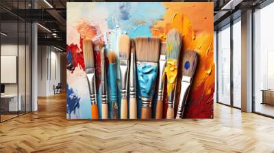 Displaying a set of artist brushes, paints, and a canvas, capturing the essence of creativity and art Wall mural