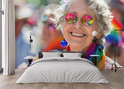 Elderly lady with colorful attire smiling joyfully at festival Wall mural