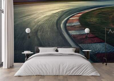 Empty racetrack curve with tire marks and red-white curb Wall mural