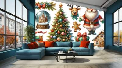 Festive Christmas elements with Santa Claus, reindeer, tree, gingerbread house, holiday ornaments on a white background, watercolor clipart, isolated Wall mural