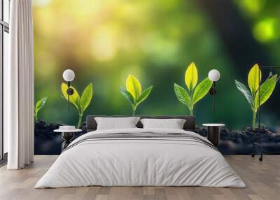 Five young plants growing in dark soil against blurry green background Wall mural