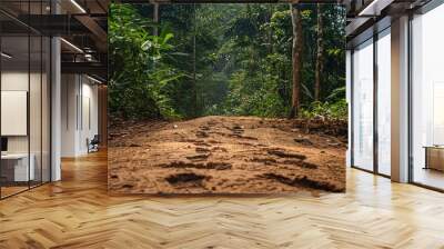 Footprints on dirt path in tropical forest surrounded by lush greenery and tall trees Wall mural