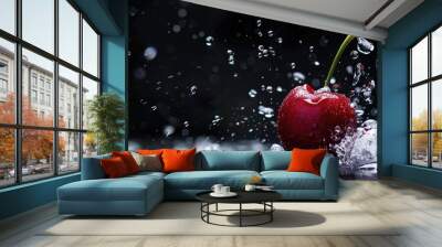 Fresh cherry splashes in water on dark background Wall mural