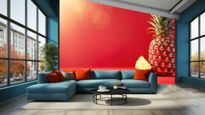 Fresh pineapple and slice on vibrant red background Wall mural