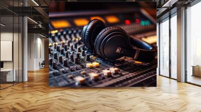 Headphones on mixing console in recording studio, highlighting audio production equipment Wall mural