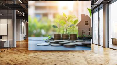 house model with coins and growing plants on a table against a blurred building backdrop Wall mural