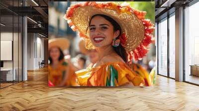 Joyful woman in colorful dress and hat enjoying sunny day outdoors Wall mural