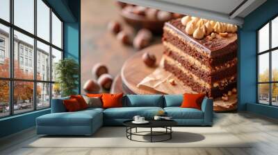 Multi-layered chocolate cake with hazelnut pieces and cream on wooden platter Wall mural