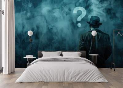 Mysterious figure stands amidst fog with question mark Wall mural