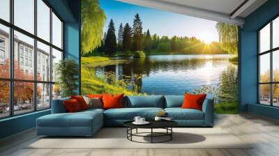 Peaceful forest and pond, spring or summer landscape Wall mural