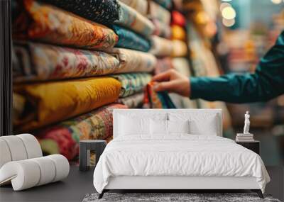 person browsing through vibrant fabric rolls in a shop Wall mural