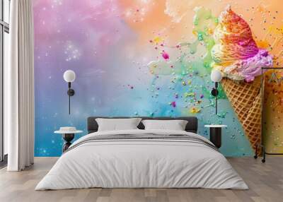 Rainbow ice cream in cone on colorful background with sprinkles Wall mural