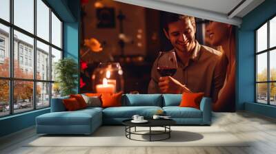 Romantic couple sharing a moment over dinner with city lights backdrop Wall mural