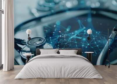 Stethoscope on tablet with digital network graphic overlay symbolizing healthcare technology Wall mural