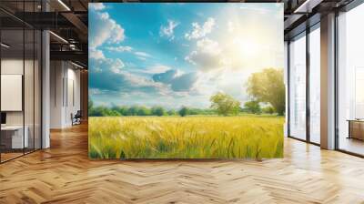 Sun shining over vast wheat field with lone tree, blue sky, and clouds Wall mural