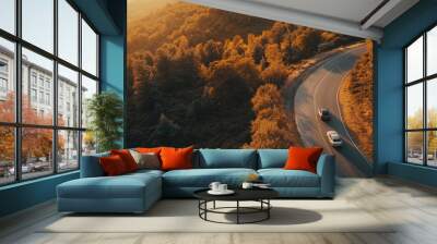 Two cars on winding road through forested mountain landscape during sunset Wall mural