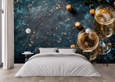 Two glasses of sparkling liquid with bubbles on dark blue background golden splashes and cork stoppers Wall mural