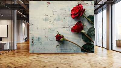 Two red roses with stems and leaves on textured blue background Wall mural