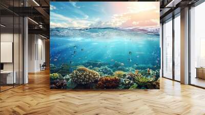 Underwater and above water view with coral reef marine life against sunset sky Wall mural