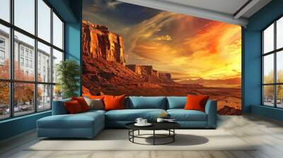 Vibrant sunset over desert with rock formations under starry sky Wall mural