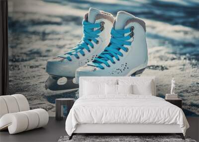 White ice skates with blue laces on icy surface Wall mural