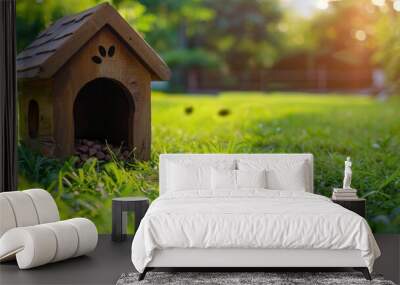 Wooden doghouse with paw prints on grass in sunny backyard Wall mural