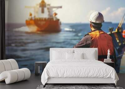 Worker in safety gear watching cargo ship at sea Wall mural